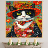 Romantic Whimsy: Tuxedo Cat in a Flowery Heart-Adorned Hat and Dress Enchanting Valentines Painting on Ready to Hang 1.5" Thick Canvas Wrap, Floating Framed Canvas, Flat Rolled Canvas